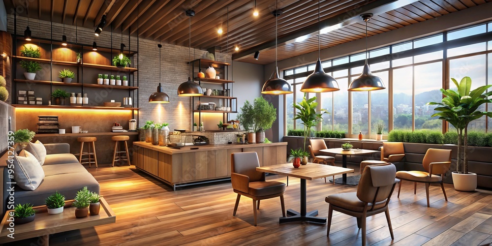 Highly detailed, photorealistic 3D rendering of a modern coffee shop interior with sleek furniture, realistic lighting,