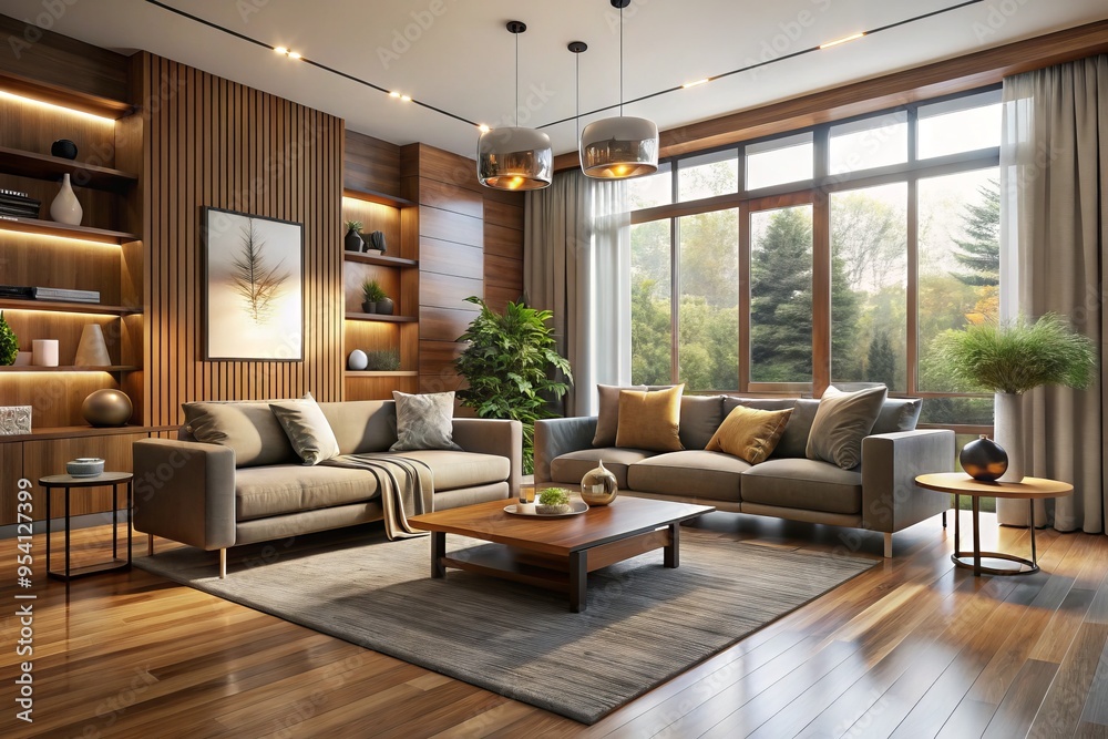 Fototapeta premium Highly detailed, photorealistic 3D rendering of a modern living room with sleek, minimalist furniture, warm wood