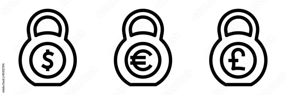 Black and white icons of kettlebells with dollar, euro, and pound symbols, representing financial strength and stability. Vector illustration. Editable stroke. Black and white icons of kettlebells with dollar, euro, and pound symbols, representing financial strength and stability. Vector illustration. Editable stroke.