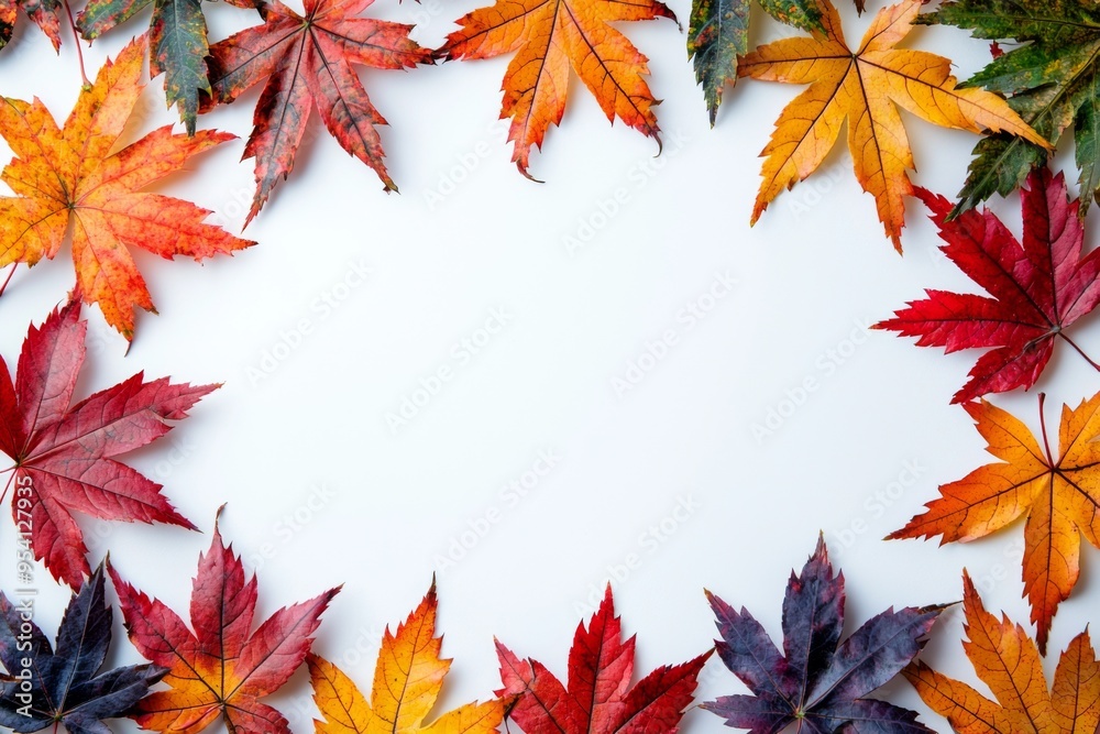 Autumn Maple Leaves Flat Lay White Background created with Generative AI Autumn Maple Leaves Flat Lay White Background created with Generative AI