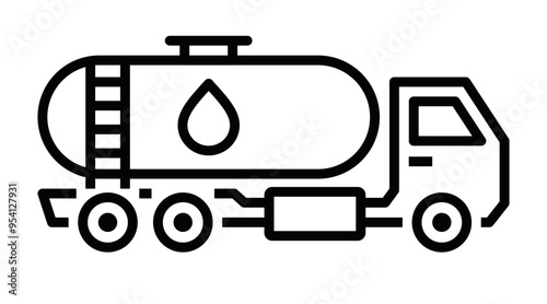 Black and white line icon of a fuel tanker truck, representing transportation, fuel delivery, and logistics. Vector illustration. Editable stroke.