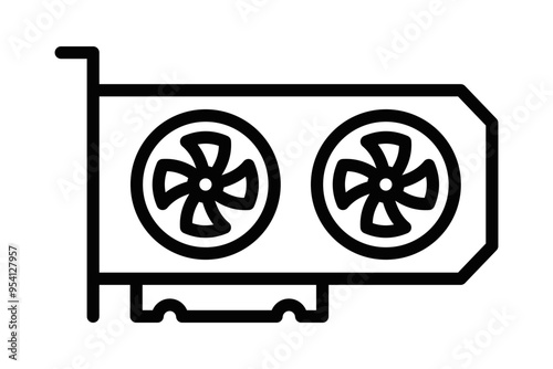 Black and white line icon of a graphics card with dual fans, representing computer hardware, gaming, and technology. Vector illustration. Editable stroke.