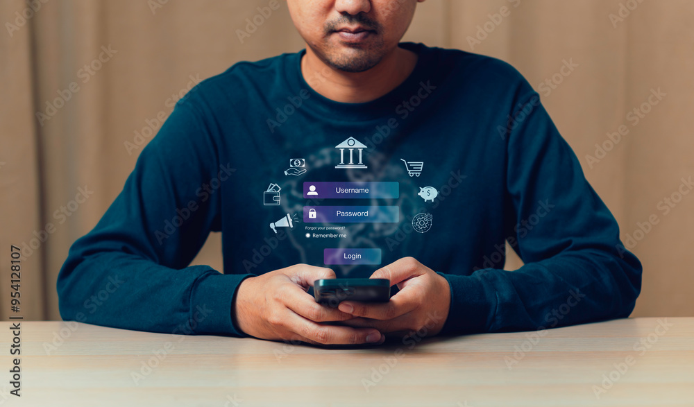 Buy now pay later online shopping concept. Hands holding mobile phone on blurred store as background. Online shopping. Paying after delivery. Complete the payment after purchase at no added cost.
