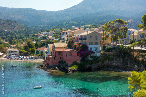 View down to the beautiful bay of Asos village, Kefalonia island, Greece, from the surrounding hills photo