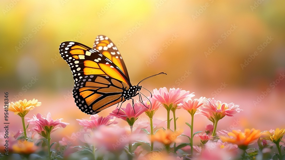 Close-up of butterfly on pink and yellow flowers in foreground against a yellow background Close-up of butterfly on pink and yellow flowers in foreground against a yellow background