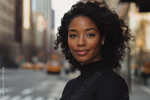 close up of face of an attractive black woman on an out of focus city street