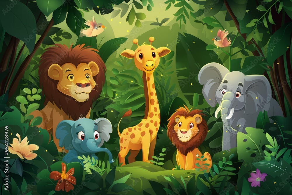 Naklejka premium Adorable safari animals like lions, elephants, and giraffes, in a lush jungle setting 