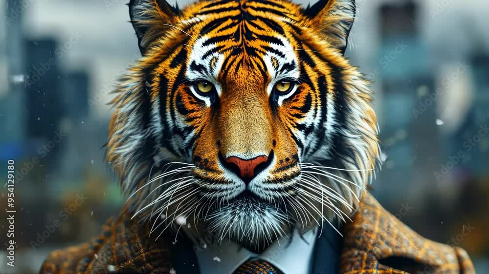 Tiger in a suit in an urban environment, surreal animal portrait concept Tiger in a suit in an urban environment, surreal animal portrait concept