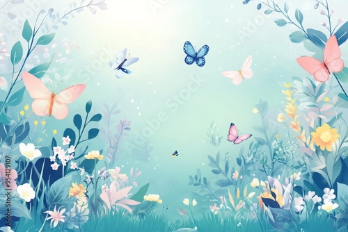 cute illustration of Magical Garden with fairies, flowers, and butterflies, in a pastel color scheme