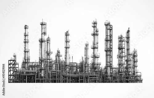 Black and white image of an industrial petrochemical plant against a white background.  photo