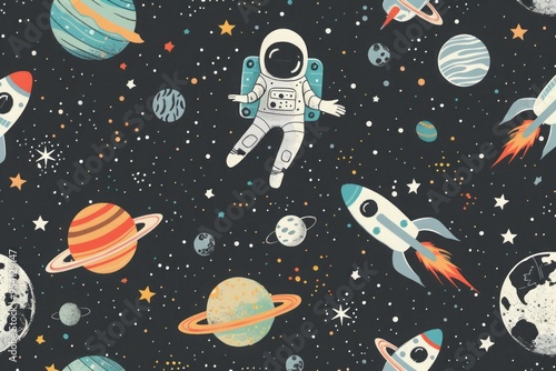 cute illustration of Space-themed pattern with astronauts, rockets, and planets in a bright, starry sky, children wallpaper, 