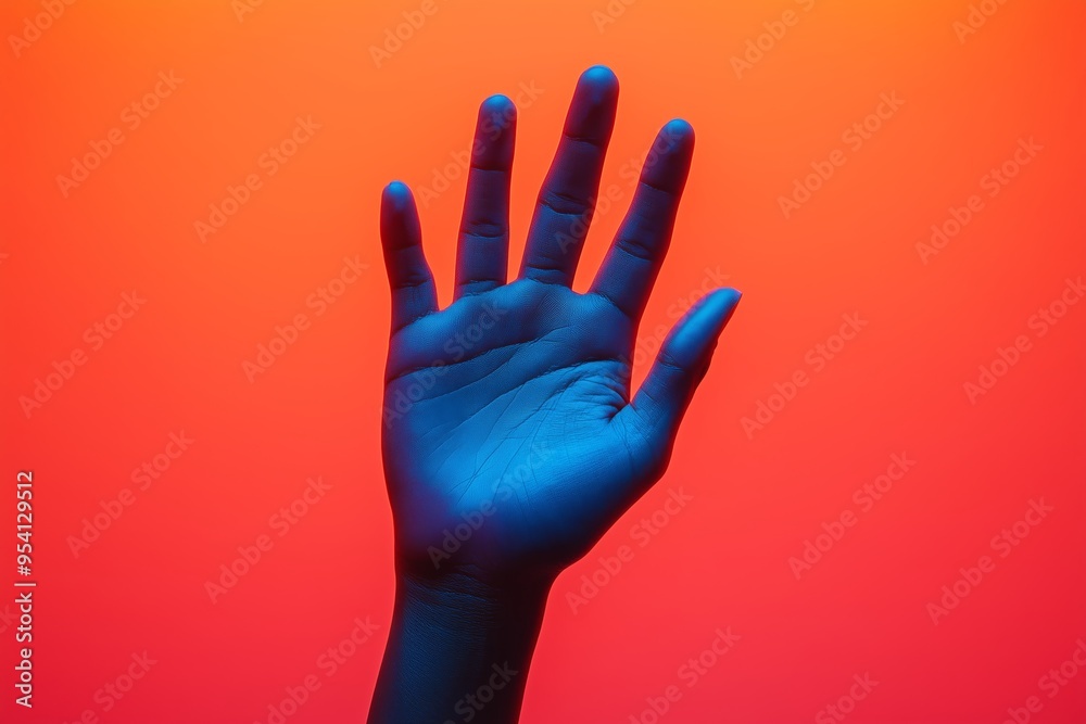 A striking image featuring a hand illuminated in vibrant blue against a warm gradient backdrop of orange and red. A striking image featuring a hand illuminated in vibrant blue against a warm gradient backdrop of orange and red.