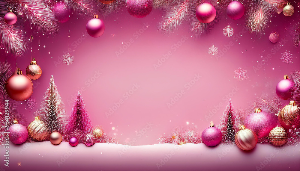 Fototapeta premium pink Christmas background with stars, glass balls and Christmas ornaments, frame, lots of space for text