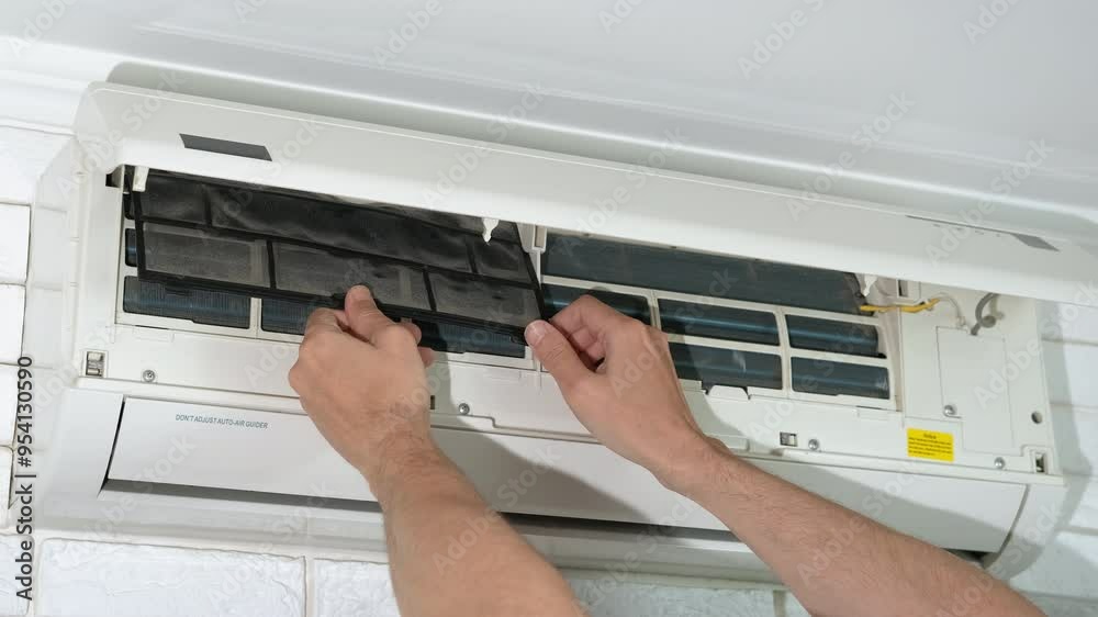 Male inspects a home air conditioner. A view of man hands put the filters and inspected the air conditioner at home.
