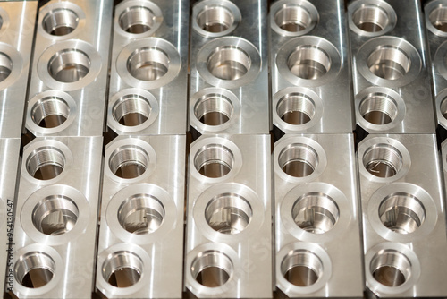 Metal components with precise threading, neatly arranged in rows, showcasing industrial precision and manufacturing quality. photo