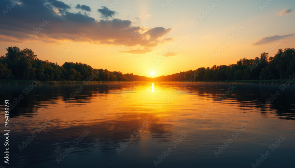 Hazy sunset over a calm river, humid weather, golden hour light Hazy sunset over a calm river, humid weather, golden hour light
