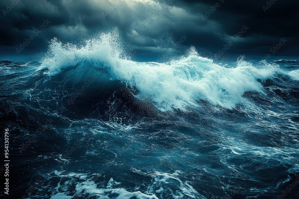 A large wave crashes in a stormy sea under a dark sky A large wave crashes in a stormy sea under a dark sky