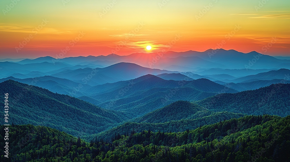 The sun sets behind the mountains in a valley, with trees in the foreground and a forest in the background The sun sets behind the mountains in a valley, with trees in the foreground and a forest in the background