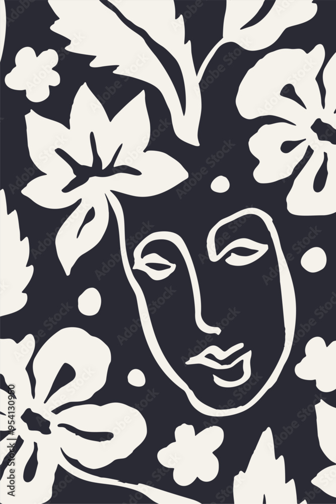 Φωτογραφία Vertical poster or card with ink wash drawing of abstract female face and flowers silhouette on dark background