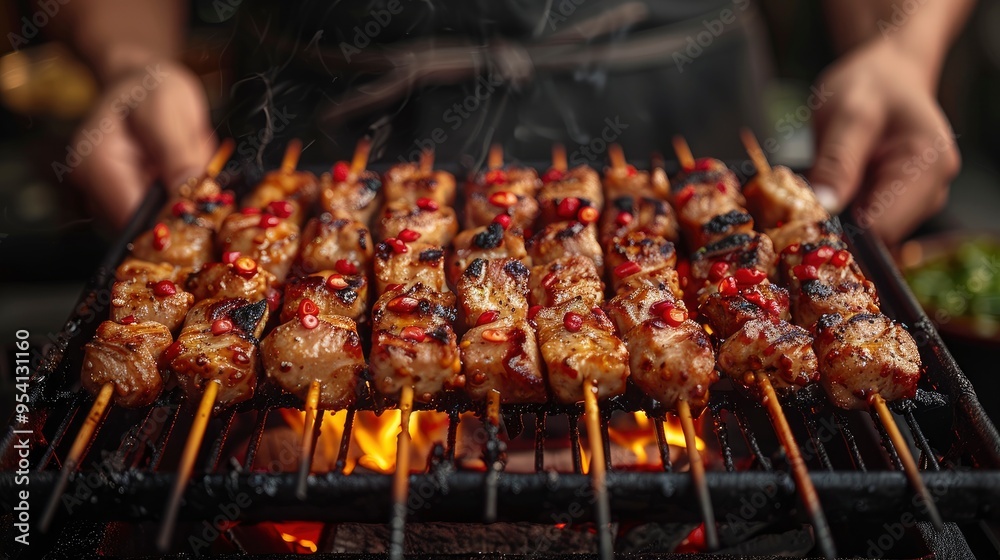 Grilled Meat Skewers with Red Peppers on a Charcoal Grill Grilled Meat Skewers with Red Peppers on a Charcoal Grill