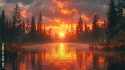   A stunning image of the sun sinking into a tranquil lake, surrounded by lush trees and shrouded in a hazy sky