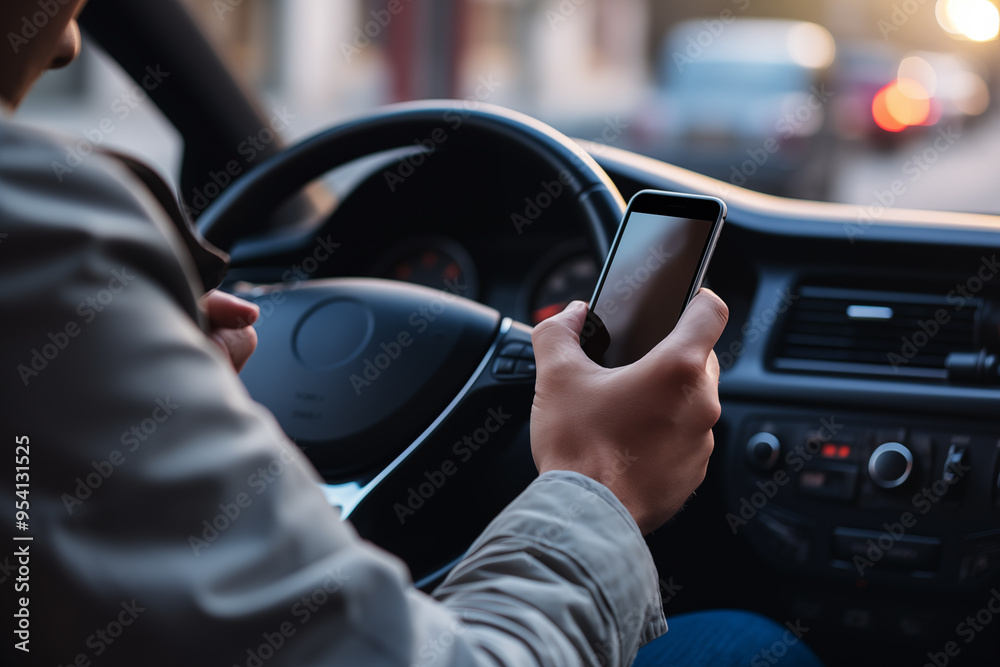 Closeup driver hand is holding smartphone with white screen Closeup driver hand is holding smartphone with white screen