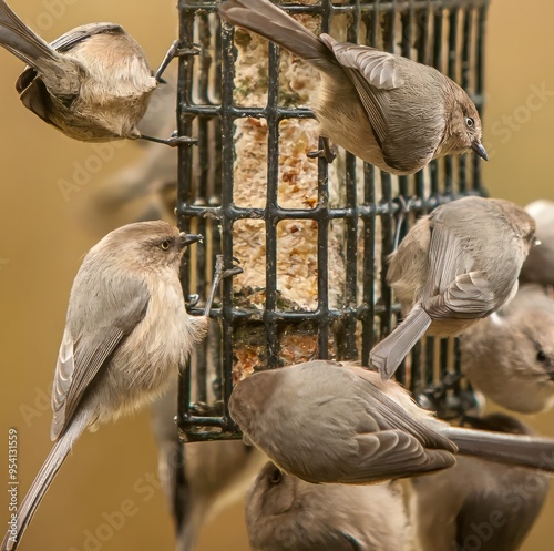 a flock of Bushtits at a feeder. The American bushtit (Psaltriparus minimus) is the only species in the family Aegithalidae found in the New World.
