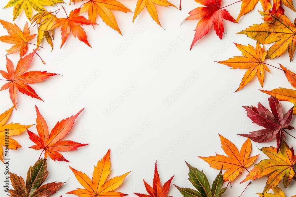 Autumn Maple Leaves Flat Lay White Background created with Generative AI Autumn Maple Leaves Flat Lay White Background created with Generative AI