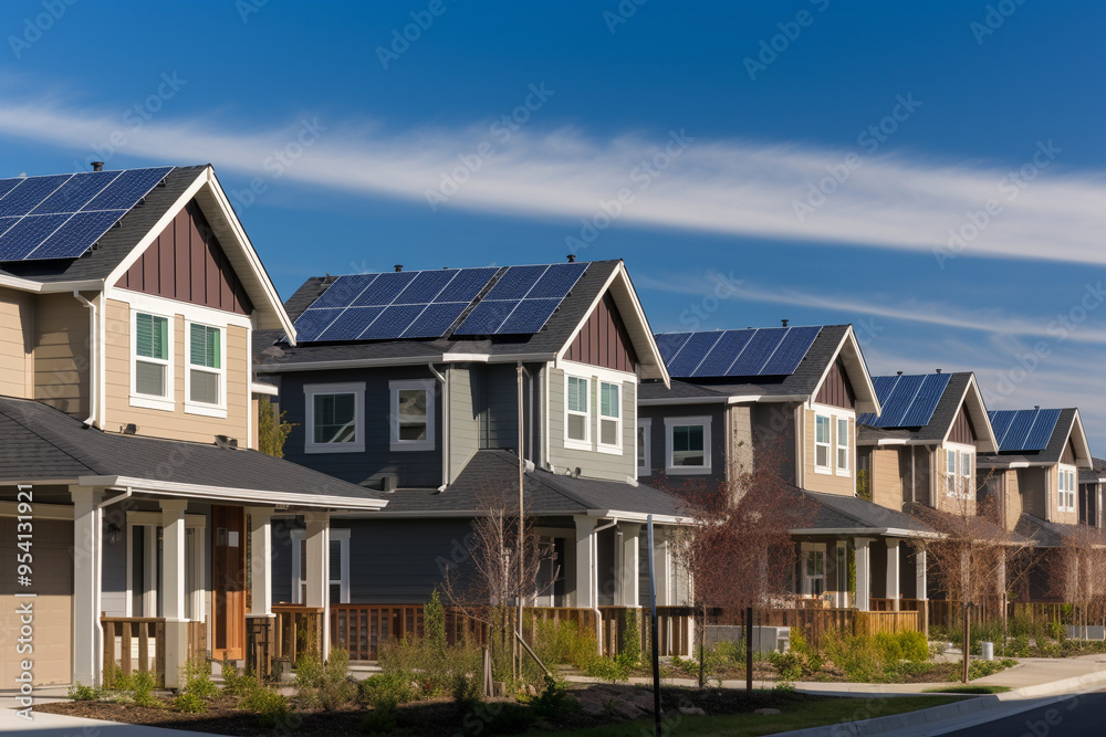 newly constructed homes with solar panels on the roof under a bright sky