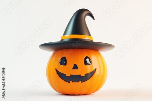 Abóbora de Halloween com chapéu de bruxa, expressão facial sorridente, fundo branco, criação por IA generativa. 