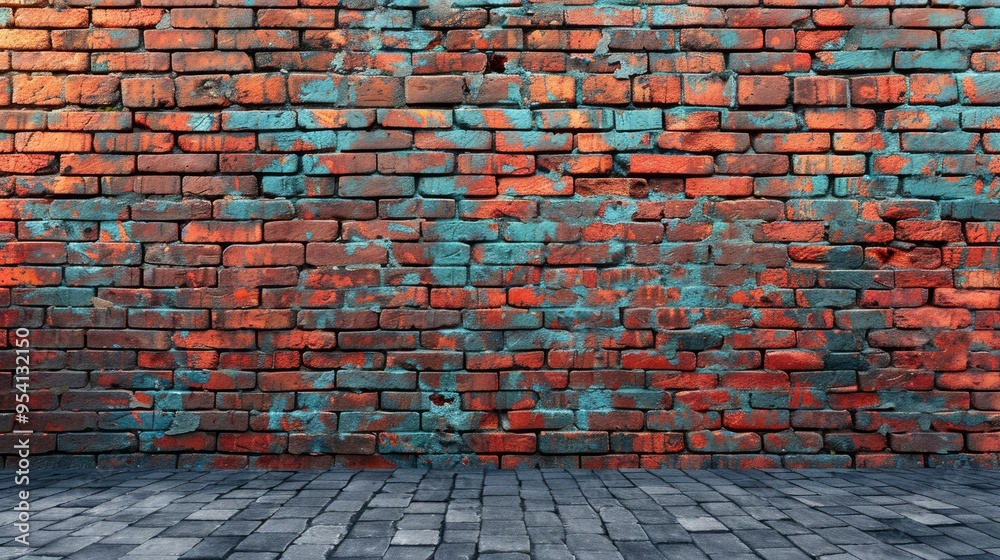 Fototapeta premium Old Red Brick Wall With Blue Paint Splashes and Cobblestone Floor