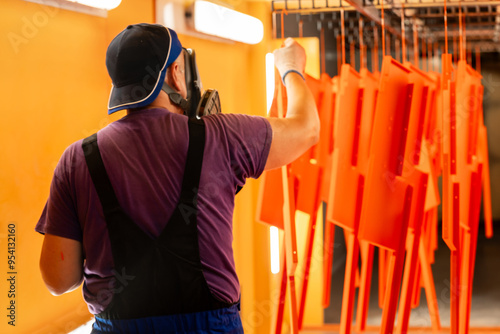 worker in a paint shop, applying a bright orange coat to metal parts hanging on a rack, focusing on even coverage. photo