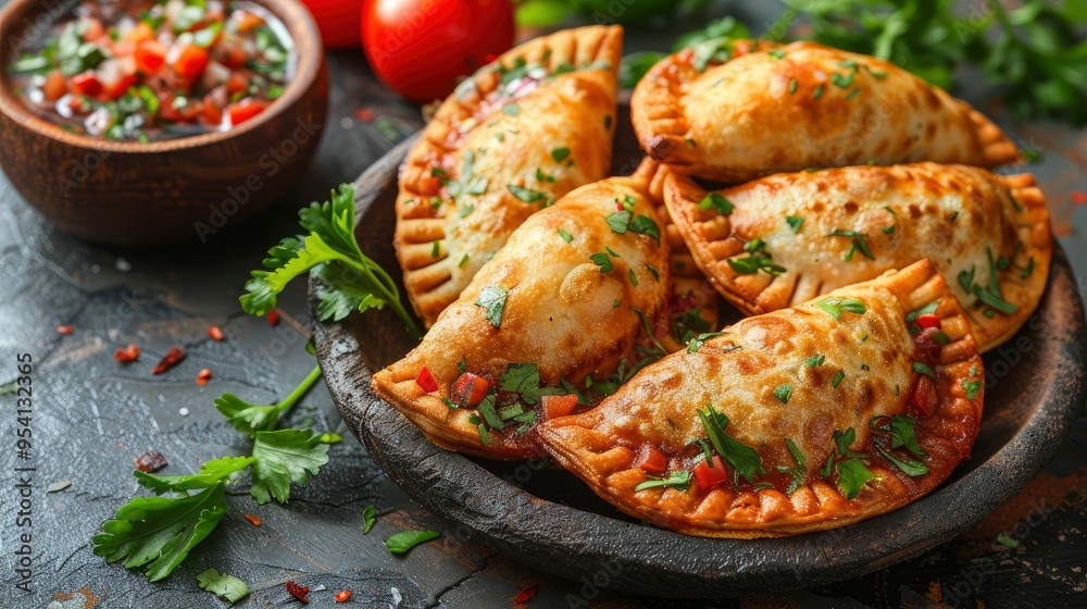 Delicious Empanadas with Salsa on a Wooden Plate Delicious Empanadas with Salsa on a Wooden Plate