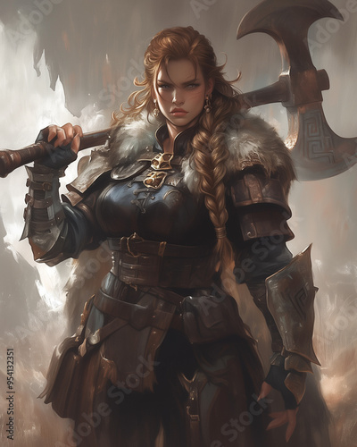 dwarven female warrior with intense gaze and braided hair, standing in full armor with a two handed axe in hand, poised for battle in a rugged landscape