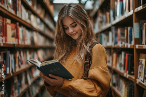 A girl was standing and reading in bookstore, surrounded by shelves filled with books, radiating sense of joy and curiosity.