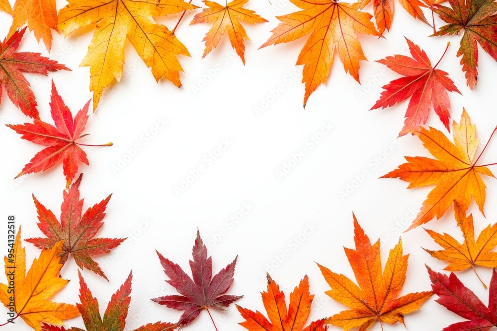 Autumn Maple Leaves Flat Lay White Background created with Generative AI Autumn Maple Leaves Flat Lay White Background created with Generative AI