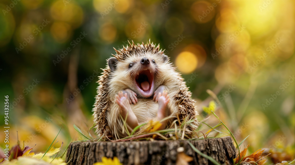 Fototapeta premium A silly hedgehog on its back and sitting on a tree stump. Mouth open as if laughting. Cute expression.