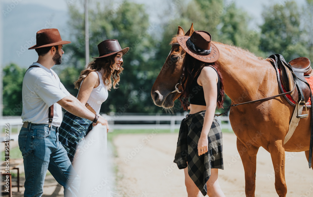 Three friends wearing cowboy hats interacting with a horse at an outdoor ranch on a sunny day. They seem relaxed and happy, enjoying a leisure activity together. Three friends wearing cowboy hats interacting with a horse at an outdoor ranch on a sunny day. They seem relaxed and happy, enjoying a leisure activity together.