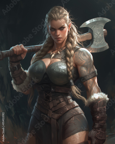 fierce dwarven warrior woman with braided blonde hair wielding an axe standing in a cave wearing battle-worn armor with glowing runes