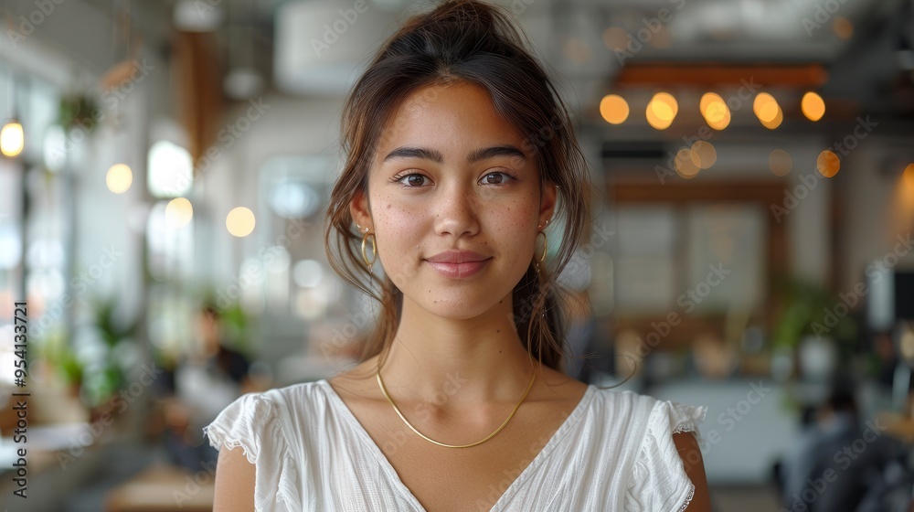 Young woman with a confident smile looking at the camera in a cafe Young woman with a confident smile looking at the camera in a cafe