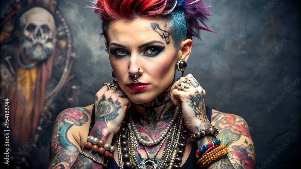 a punk women with jewelry and tattoos space for text a punk women with jewelry and tattoos space for text