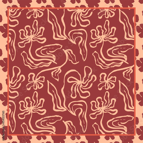 Monochrome peach and red color brush strokes inky flowers scarf or bandana design. Abstract floral contemporary background.