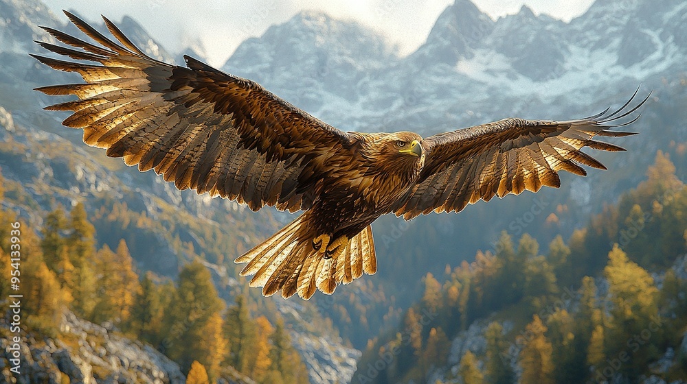 A majestic bird of prey soaring against a backdrop of towering mountains and lush trees in the foreground A majestic bird of prey soaring against a backdrop of towering mountains and lush trees in the foreground