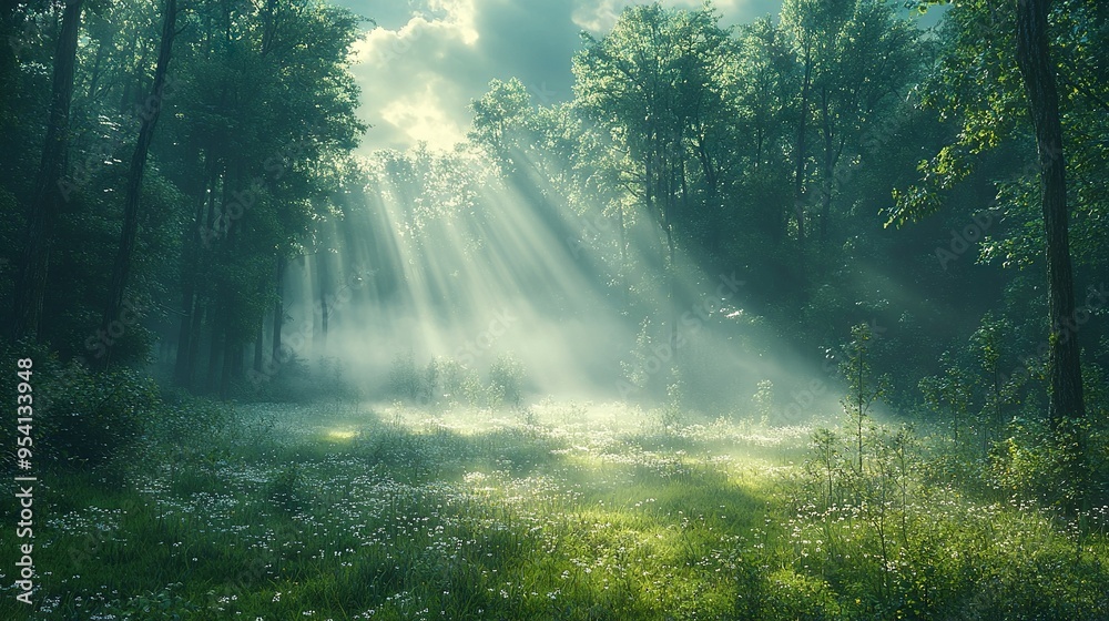 Sunbeam amidst verdant forest of lush green trees and pristine white flowers on a radiant day Sunbeam amidst verdant forest of lush green trees and pristine white flowers on a radiant day