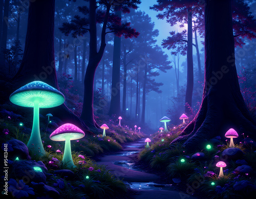 Enchanted forest with glowing mushrooms and mystical lighting along a winding path at night