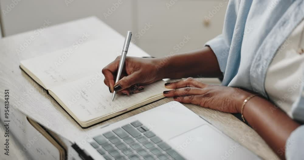 Black woman, hands and writing notes in book for agenda, laptop and remote work schedule in home. African entrepreneur, computer and diary for planning online course, translation service and research