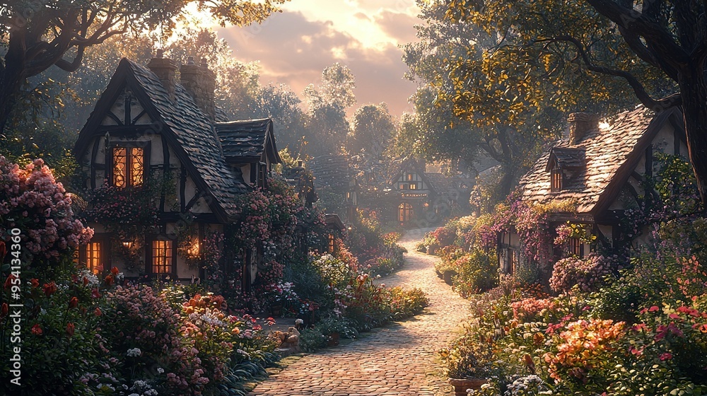 A painting of a flower-lined path leading to a house and a separate pathway on the opposite side A painting of a flower-lined path leading to a house and a separate pathway on the opposite side