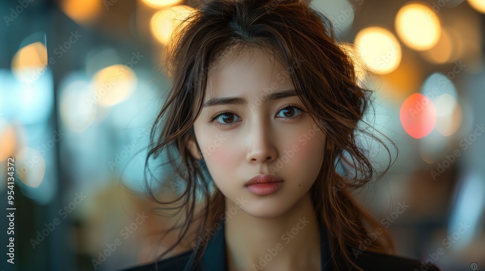 Portrait of a Young Woman with Serious Expression and Bokeh Lights Portrait of a Young Woman with Serious Expression and Bokeh Lights