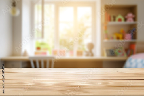 Empty wooden table, desk or shelf with blurred view of modern children bedroom