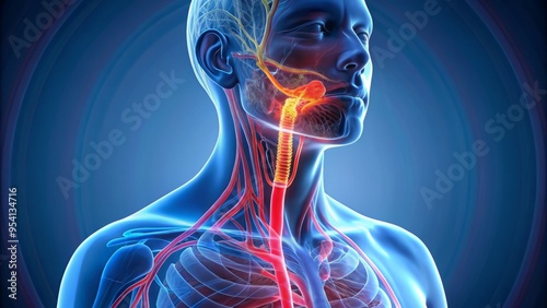 Illuminated 3D illustration of the human esophagus, a muscular tube transporting food from the throat to the stomach, photo